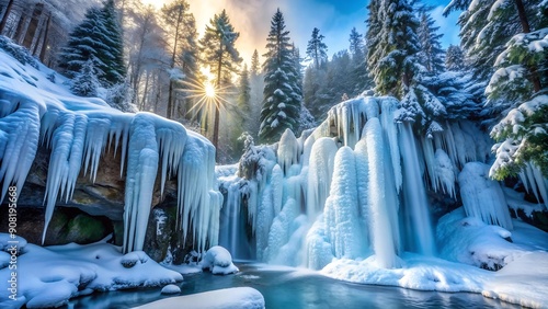 Crystal Cascade: An Icy Surprise in a Frozen Forest  generative AI photo