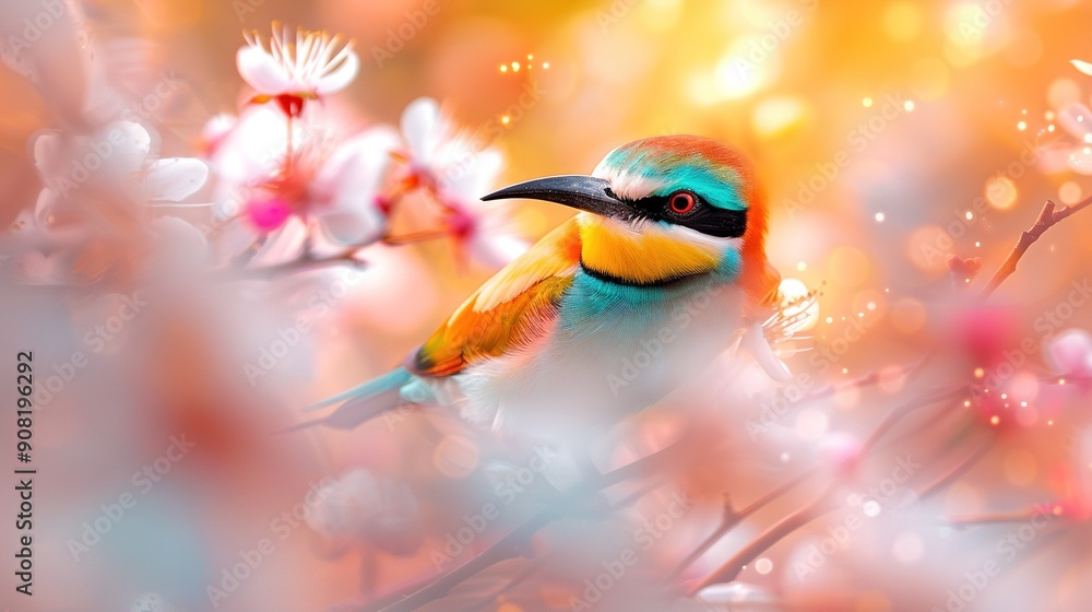 A vibrant bird perches on a tree branch surrounded by pink blossoms, while a yellow and blue avian soars behind it A vibrant bird perches on a tree branch surrounded by pink blossoms, while a yellow and blue avian soars behind it
