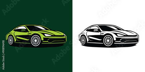 black and white and color car with green background and car illustration design or set of car logo in vector and two pictures of a car 