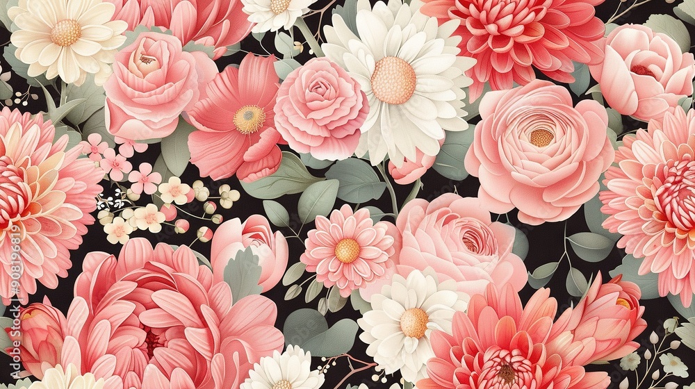 A close-up of a bouquet of pink, white, and yellow flowers against a dark backdrop A close-up of a bouquet of pink, white, and yellow flowers against a dark backdrop