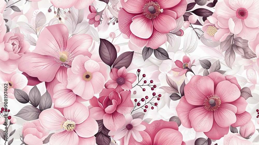 A close-up of a pink flower against a white background, surrounded by purple blossoms at its base A close-up of a pink flower against a white background, surrounded by purple blossoms at its base