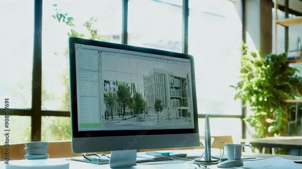 A computer in a bright, modern office displays architectural designs of a building. The workspace is well-lit with large windows and greenery, capturing a professional and creative atmosphere. A computer in a bright, modern office displays architectural designs of a building. The workspace is well-lit with large windows and greenery, capturing a professional and creative atmosphere.