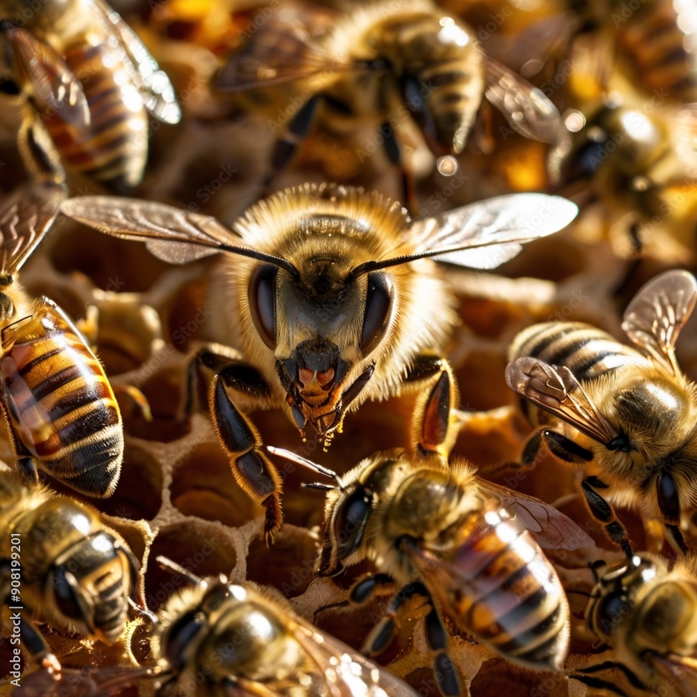 Close-up of honeybee in a hive Close-up of honeybee in a hive