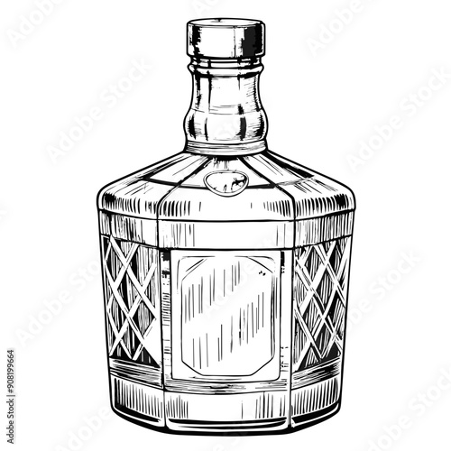 Whiskey Glass Illustration, Black and White, Beverage Concept