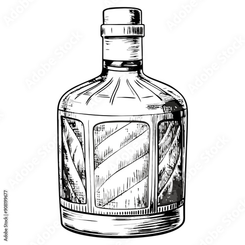 Vodka Bottle Illustration, Black and White, Beverage Concept