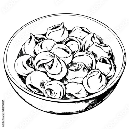 Tortellini Illustration, Black and White, Italian Cuisine Concept