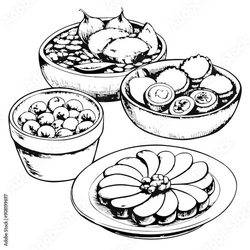 Tapas Illustration, Black and White, Spanish Cuisine Concept