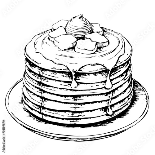 Pancake Illustration, Black and White, Breakfast Concept