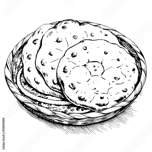 Naan Bread Illustration, Black and White, Indian Cuisine Concept