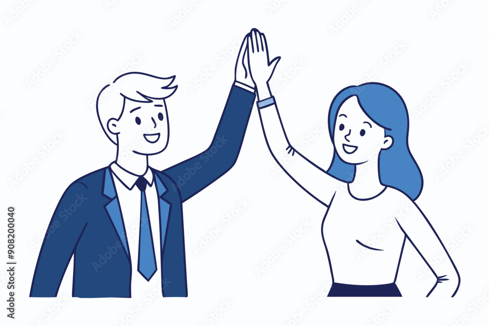 Businesswoman giving a high five to a colleague in meeting, One continuous single line hand drawing line art Businesswoman giving a high five to a colleague in meeting, One continuous single line hand drawing line art