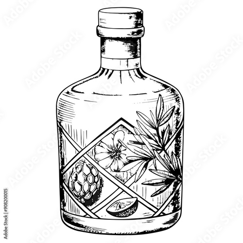 Gin Bottle Illustration, Black and White, Beverage Concept