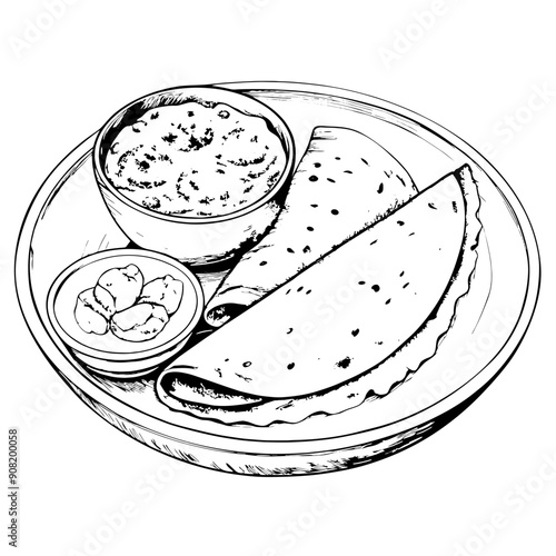Dosa Illustration, Black and White, Indian Cuisine Concept