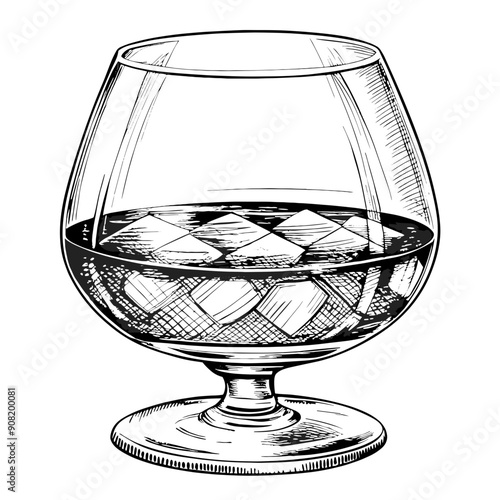 Cognac Glass Illustration, Black and White, Beverage Concept