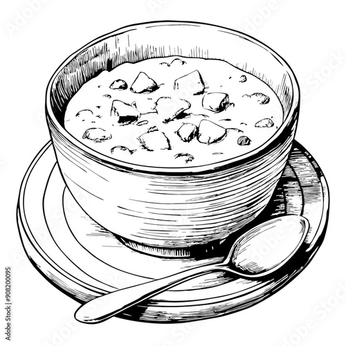 Chowder Illustration, Black and White, Soup Concept