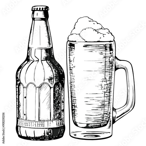 Beer Mug Illustration, Black and White, Beverage Concept