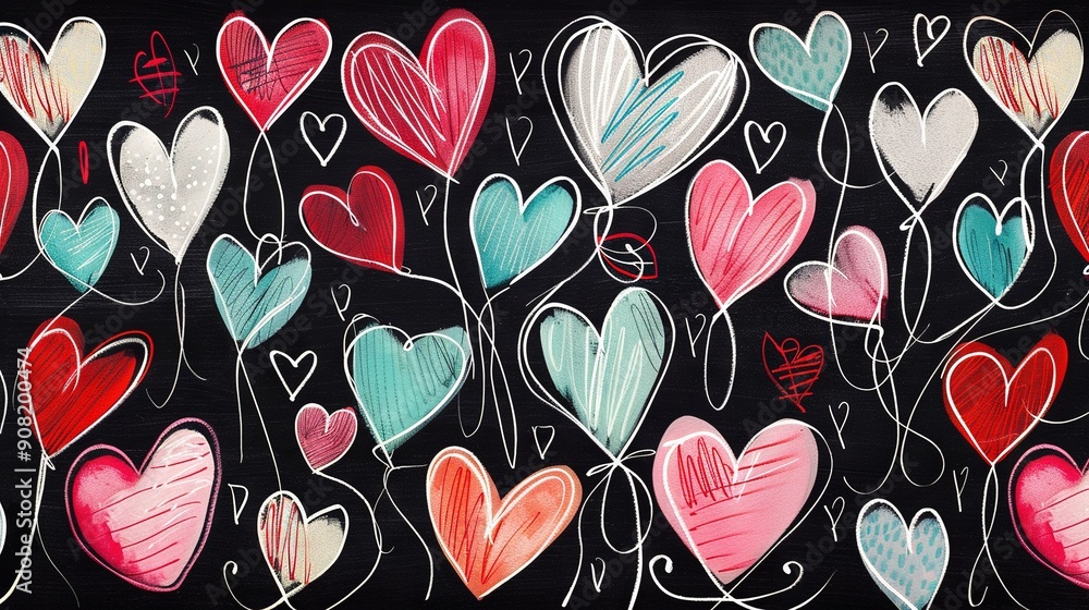 A heart-filled canvas against a dark backdrop, with hues of red, white, blue, and pink A heart-filled canvas against a dark backdrop, with hues of red, white, blue, and pink