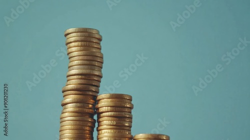 Stack of Gold Coins on Blue Background photo