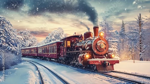 Christmas train traveling through snowy forest landscape. Vintage winter locomotive. Christmas travel concept. Festive holiday scene