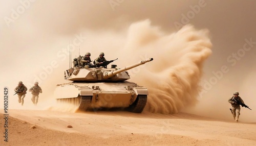 A group of soldiers on a desert hill and a military tank approaching them, during a sandstorm 

 photo