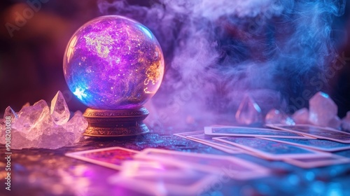 Mystical Fortune Telling: Crystal Ball, Tarot Cards, and Smoke photo