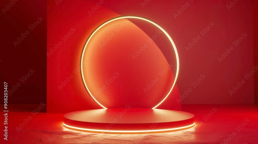 A minimalist podium with glowing neon light. A minimalist podium with glowing neon light.