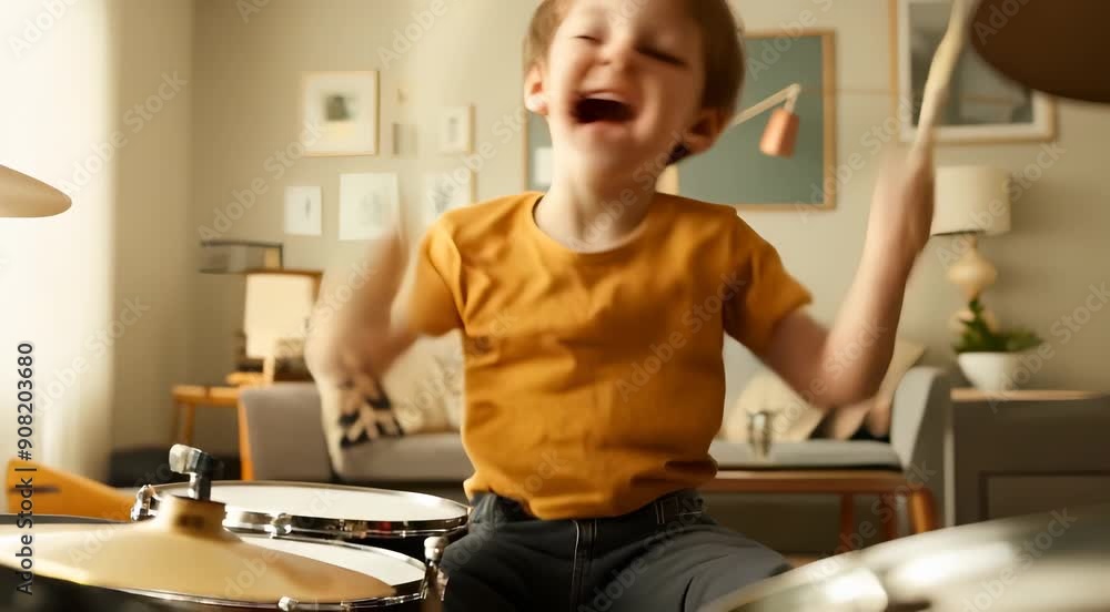 A young boy enthusiastically playing a drum set in a living room, holding drumsticks and smiling. The drums and the room decor are visible in the background. A young boy enthusiastically playing a drum set in a living room, holding drumsticks and smiling. The drums and the room decor are visible in the background.