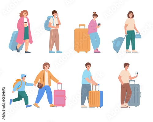 Traveling people with baggage. Traveler characters with luggage set. Departing or arriving passengers. Vector illustrations isolated on white background.