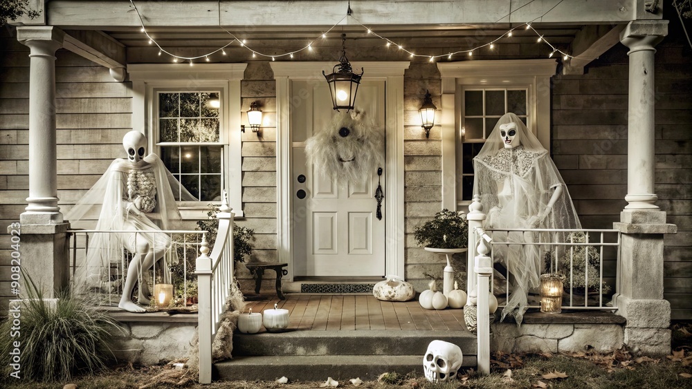 Fototapeta premium Two Skeletons Dressed in White on a Porch Decorated for Halloween