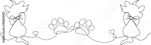 Linea continua con gatto seduto, impronte di zampa, cuore. Amore per gli animali in One continuous line, Illustrazione grafica vettoriale per Canva, presentazione, decorazione, ricamo,	