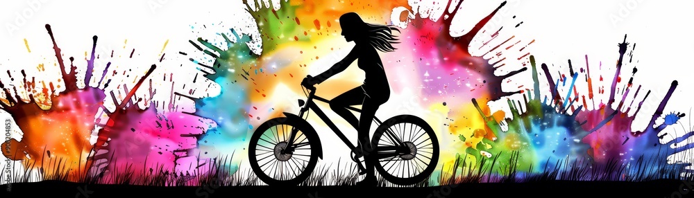 Obraz premium Silhouette of a Woman Riding a Bicycle in a Colorful Abstract Watercolor Background, watercolor, abstract, silhouette, bicycle , woman , art