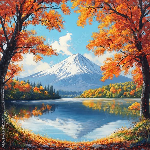 Peaceful Autumn Morning at Lake with Mountain Backdrop