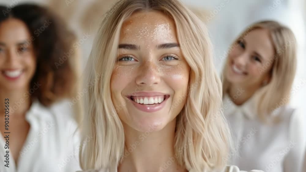 Confident businesswoman in a sleek, modern white office setting. Confident businesswoman in a sleek, modern white office setting.