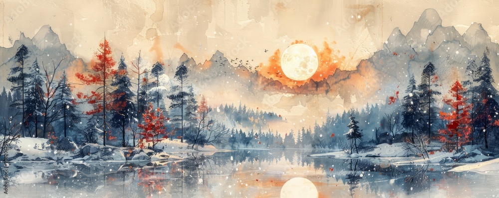 Fototapeta premium Abstract snowy landscape with moon and stars in watercolor on white.