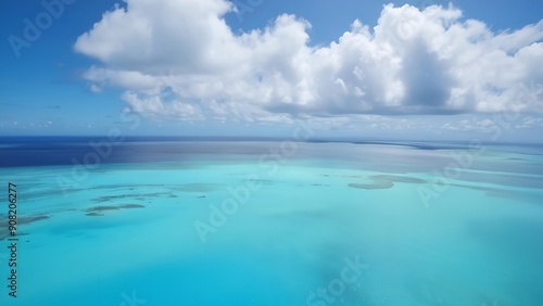 a bright blue ocean with white clouds overhead and blue sky below it and the light blue water