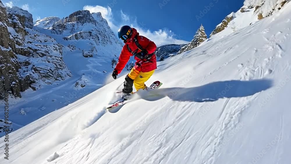 Adrenaline and freedom: the snowboarder conquers the mountain at high speed, masterfully controlling the board in the snow. Adrenaline and freedom: the snowboarder conquers the mountain at high speed, masterfully controlling the board in the snow.