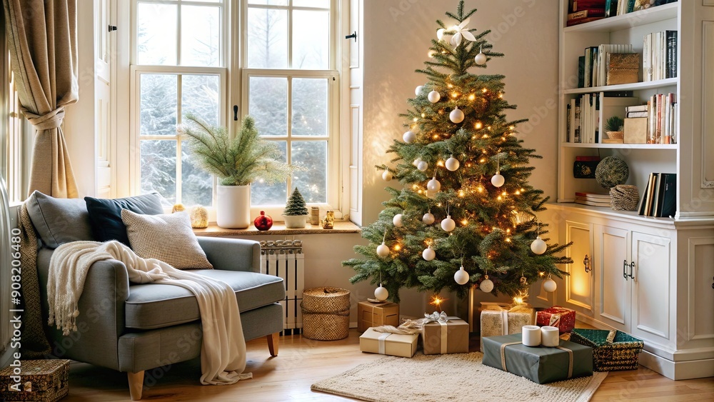 Obraz premium Decorated Christmas Tree in a Cozy Living Room with Presents