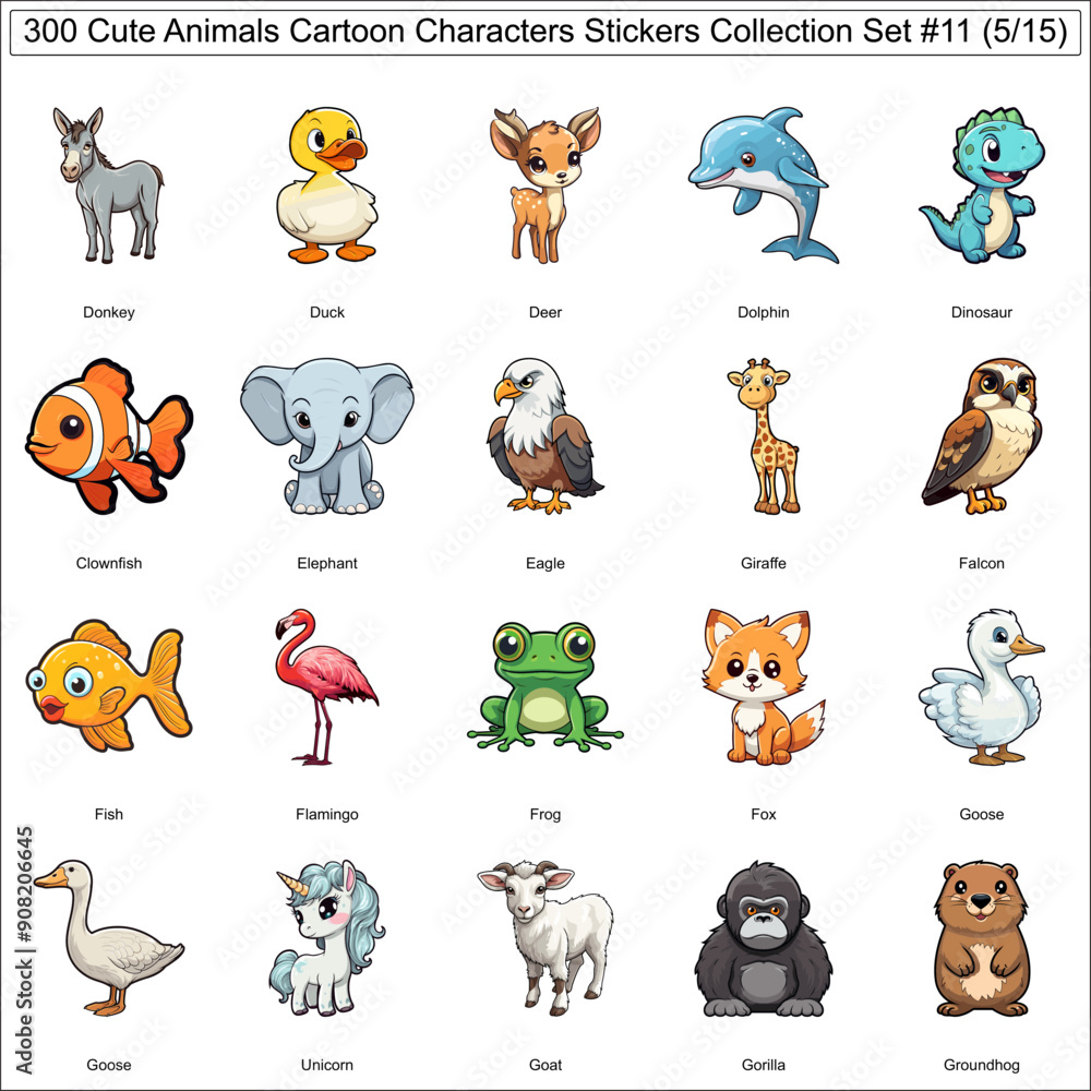 Obraz premium Cute Animals Cartoon Character Stickers Bundle Collection Set of 300 Animal Stickers Part 5