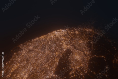 Aerial view on Niigata (Japan) from south. Top view on modern city at night from space photo