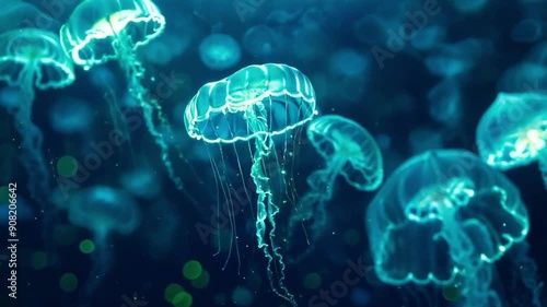 Bioluminescent jellyfish swimming in deep blue ocean. Nature blue background