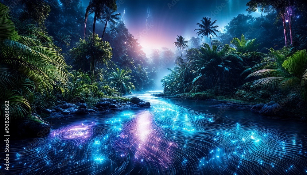 A surreal scene of a glowing electric river flowing through a dense jungle, with light reflecting off the surrounding greenery. A surreal scene of a glowing electric river flowing through a dense jungle, with light reflecting off the surrounding greenery.