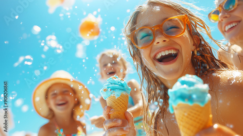 Happy children enjoying ice cream cones on a sunny summer day at the beach, laughing and playing together in joy.