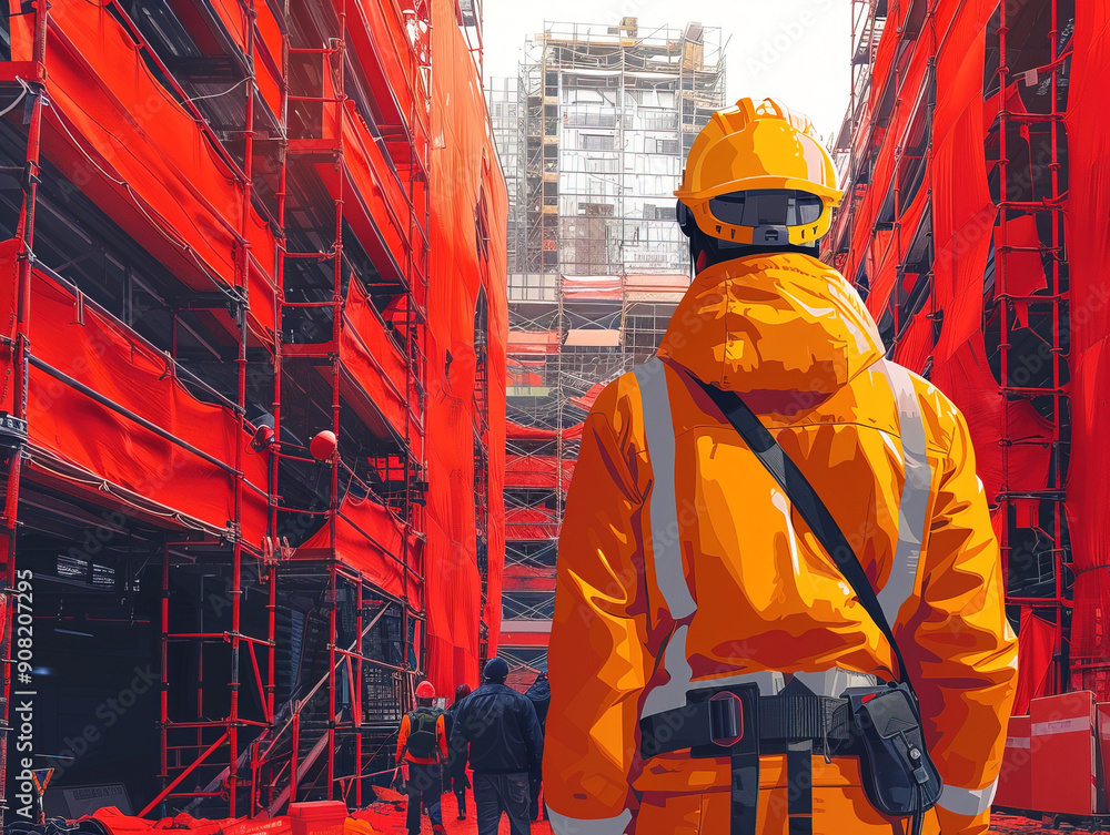 Health And Safety conception. A worker is checking chemical material information form with background of chemical storage area at the factory place. Industrial safety working action.