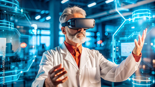 A determined gray-haired adult scientist in virtual reality glasses stands in the center of a futuristic white lab where he is surrounded by holographic displays while he creates and tests new inventi photo