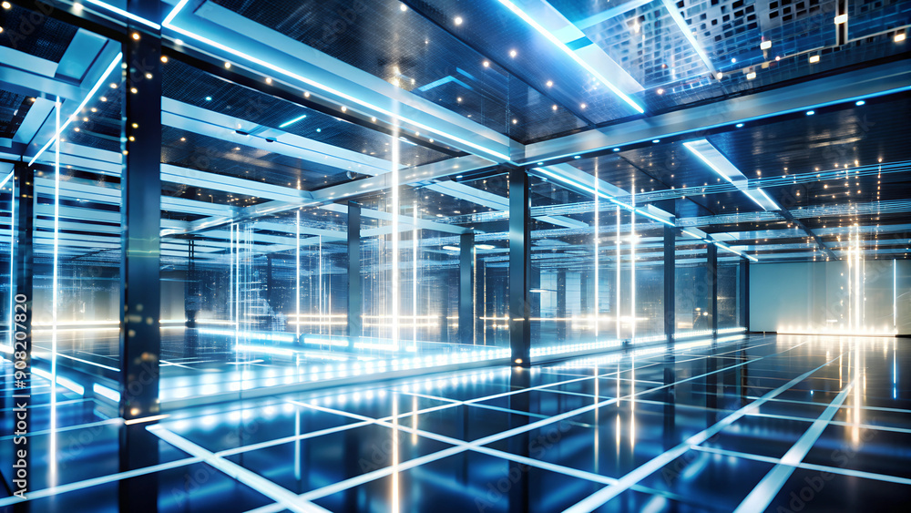 A high-tech space with translucent panels through which pulsating lines of light are visible, symbolizing the processor connections of artificial intelligence. A high-tech space with translucent panels through which pulsating lines of light are visible, symbolizing the processor connections of artificial intelligence.