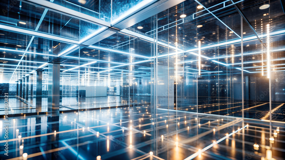 A high-tech space with translucent panels through which pulsating lines of light are visible, symbolizing the processor connections of artificial intelligence. A high-tech space with translucent panels through which pulsating lines of light are visible, symbolizing the processor connections of artificial intelligence.