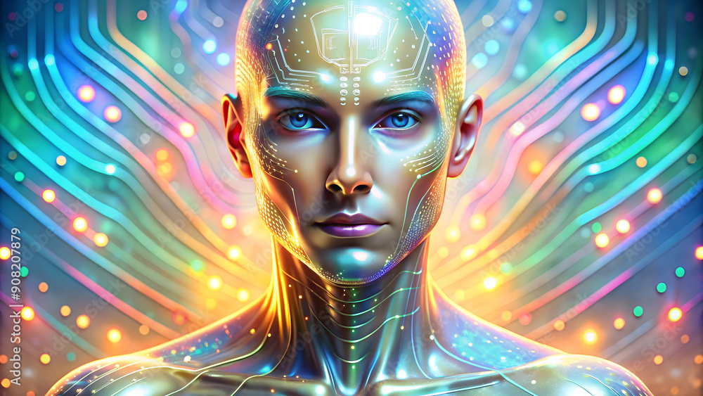 A creature with a body that flickers between human and robotic form, as if stuck in a constant state of transformation. His skin shimmers with digital particles A creature with a body that flickers between human and robotic form, as if stuck in a constant state of transformation. His skin shimmers with digital particles
