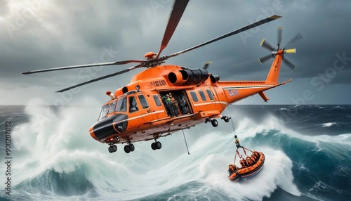 A rescue helicopter hovering above a choppy ocean, with high waves crashing around a lifeboat as crew members are lowered to help stranded survivors. 