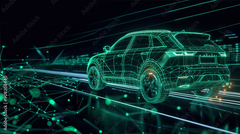 futuristic ai rendered suv concept car with dynamic glowing lights and wireframe design on dark background futuristic ai rendered suv concept car with dynamic glowing lights and wireframe design on dark background