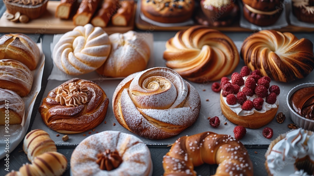 Bakery food. top down view. Generative AI. Bakery food. top down view. Generative AI.