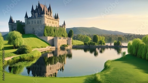 a castle with a lake in front of it and green grass on the bank of it